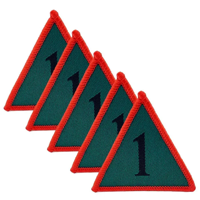 Pack of five 1st Armoured Infantry Brigade TRF Hook & Loop patches in red/green/black, suitable for military apparel and accessories. Red (Coloured) from  John Bull Clothing