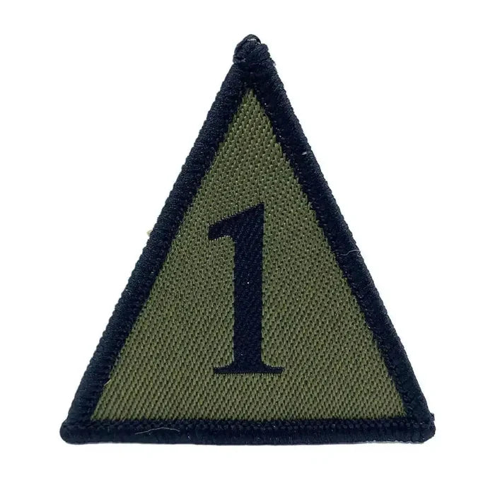 Single subdued green/black 1st Armoured Infantry Brigade TRF Hook & Loop patch, designed for tactical military uniforms. Green/Black from  John Bull Clothing