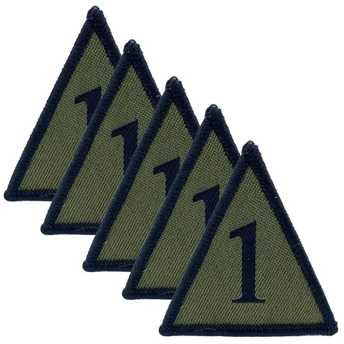 Pack of five subdued green/black 1st Armoured Infantry Brigade TRF Hook & Loop patches for use on military uniforms and tactical gear. Green/Black from  John Bull Clothing