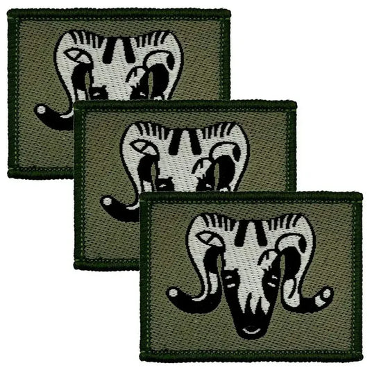 Set of three 1 Artillery Brigade TRF iron on flashes with ram skull design on olive green background, ideal for military uniforms. 3 Pack from  John Bull Clothing