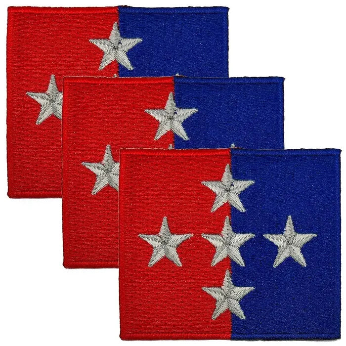 Set of four 1 Royal Military Police Brigade TRF patches with red and blue background and silver stars, iron or sew on, from John Bull Clothing. 3 Pack from  John Bull Clothing