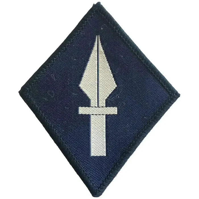 Single 1 UK Signal Brigade TRF iron on patch featuring a white spearhead design on a dark blue cotton base, for military uniform use. 1 Flash from  John Bull Clothing