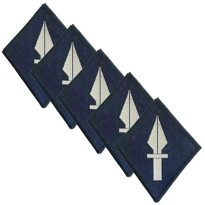 Pack of five 1 UK Signal Brigade TRF iron on patches with regulation white spearhead insignia on blue fabric, suitable for military apparel. 5 Pack from  John Bull Clothing