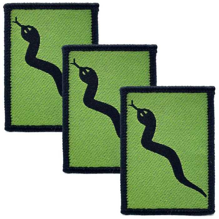 Set of three 101 Logistic Brigade TRF iron or sewn on patches with black snake emblem on green background, ideal for military uniforms. 3 Pack from  John Bull Clothing