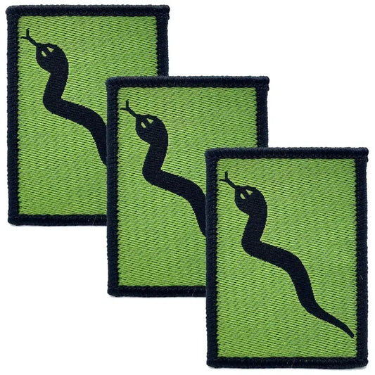 Set of three 101 Logistic Brigade TRF iron or sewn on patches with black snake emblem on green background, ideal for military uniforms. 3 Pack from  John Bull Clothing