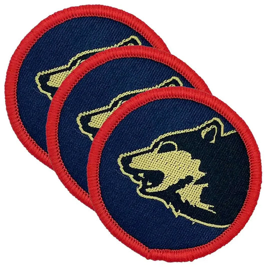 Set of three 104 Logistic Brigade Flash Iron or Sewn On TRF patches with wolf emblem, red border, and navy background for military uniforms. 3 Pack from  John Bull Clothing