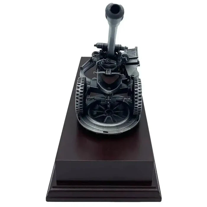Rear view of 105 Light Gun Pewter Army Model | John Bull Clothing, emphasizing detailed wheel design and artillery components for home or office decor.  from  John Bull Clothing