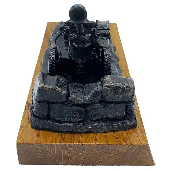 Rear view of 105mm Light Gun Bronze Resin Statue featuring sandbag detailing and sturdy rosewood base, great for display in home or office.  from  John Bull Clothing