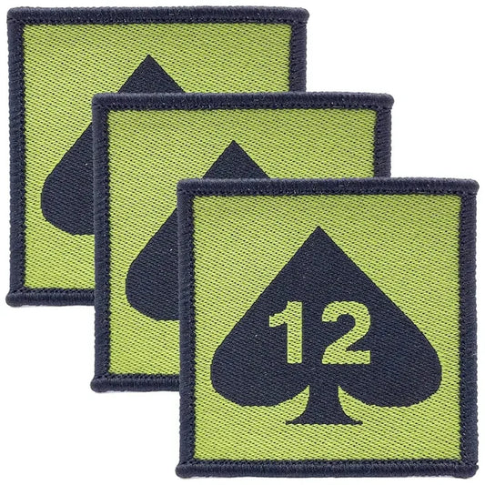Set of three green and black 12 Armoured Infantry Brigade Flash TRF patches, iron or sew-on, from John Bull Clothing. Green/Black from  John Bull Clothing