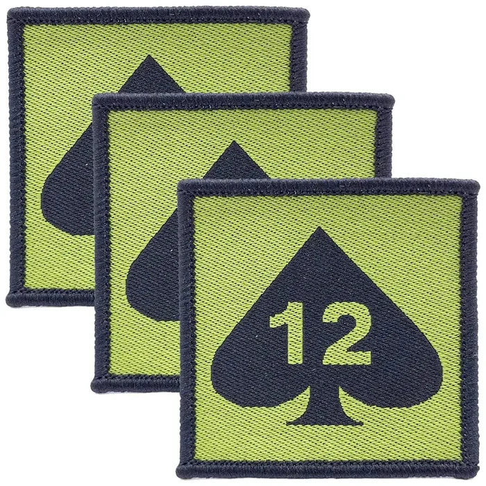 Set of three 12 Armoured Infantry Brigade TRF patches with hook & loop backing, featuring black spade and number 12 on green background. 3 Pack from  John Bull Clothing