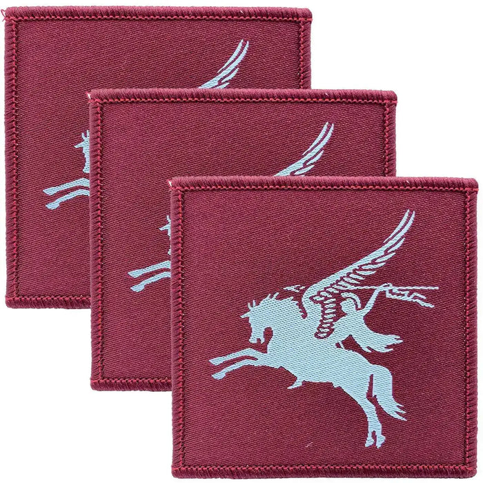 Set of three maroon 16 Air Assault Pegasus Brigade TRF iron or sew on patches featuring light blue Pegasus emblem for military uniforms. Maroon (Coloured) from  John Bull Clothing