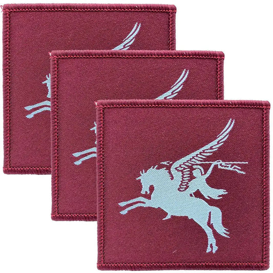 Set of three maroon 16 Air Assault Pegasus Brigade TRF iron or sew on patches featuring light blue Pegasus emblem for military uniforms. Maroon (Coloured) from  John Bull Clothing
