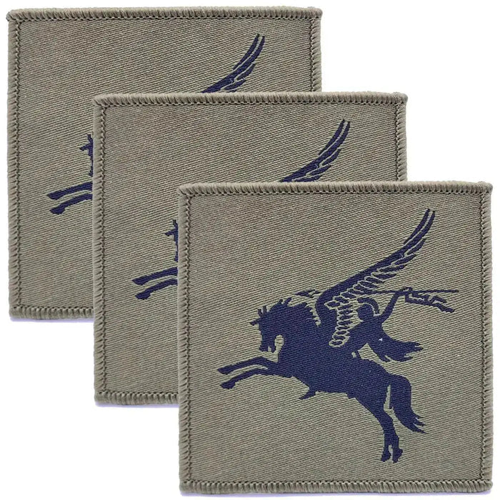 Set of three green 16 Air Assault Pegasus Brigade TRF patches with dark blue Pegasus design, ideal for tactical military uniform application. Green/Black from  John Bull Clothing