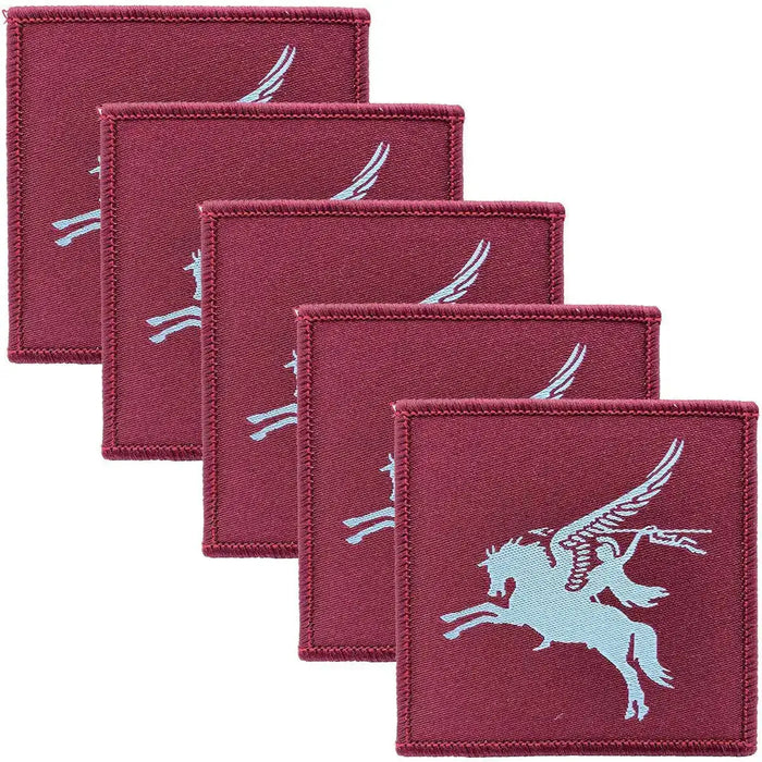 Pack of five maroon 16 Air Assault Pegasus Brigade TRF iron or sew on patches with light blue Pegasus, suitable for military apparel. Maroon (Coloured) from  John Bull Clothing