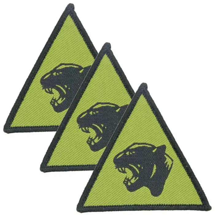 Set of three 19th Light Brigade Panther TRF Hook and Loop patches in subdued green with black panther emblem, ideal for military uniforms. 3 Pack from  John Bull Clothing