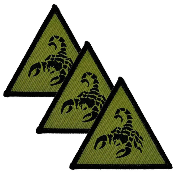 Set of three 1st Deep Strike Recce Brigade Combat Team iron-on TRF patches in green and black, featuring a scorpion emblem on a triangular design. Green/Black from  John Bull Clothing