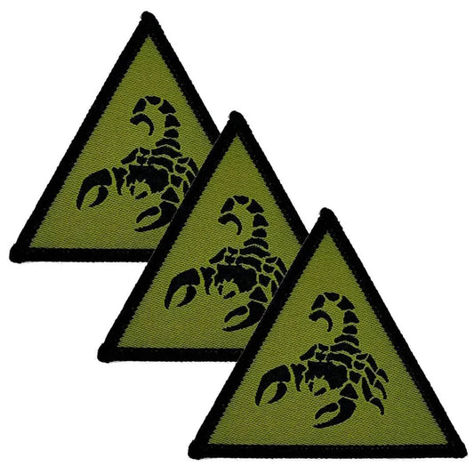 Set of three 1st Deep Strike Recce Brigade Combat Team iron-on TRF patches in green and black, featuring a scorpion emblem on a triangular design. Green/Black from  John Bull Clothing