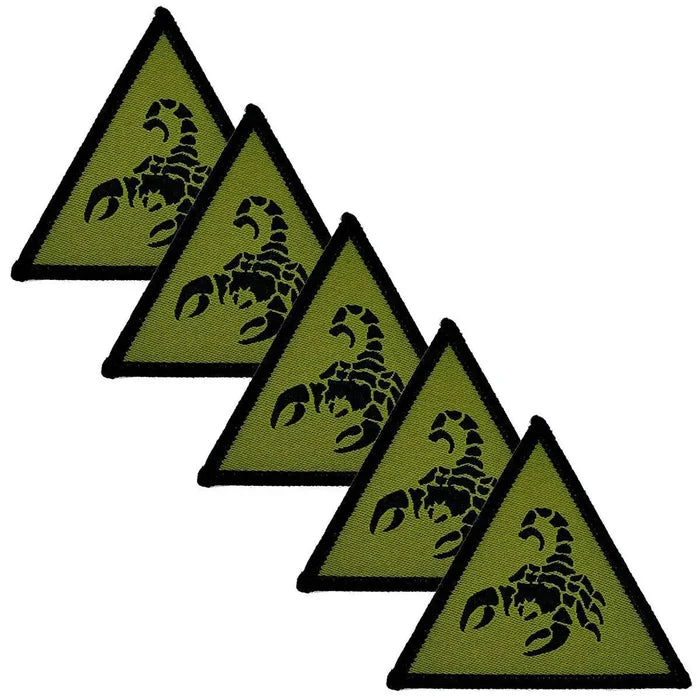 Set of five 1st Deep Strike Recce Brigade Combat Team iron-on TRF patches in green and black, showcasing a scorpion emblem on a triangular design. Green/Black from  John Bull Clothing