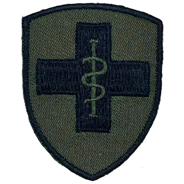 Single 2 Medical Brigade TRF patch featuring black cross and medical insignia on green cotton, regulation size for military uniforms. 1 Flash from  John Bull Clothing