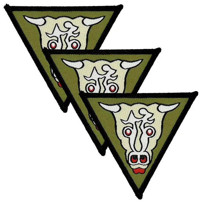 Set of three 32 Engineer Regiment Iron On TRF Badge Winston Bull patches featuring a green triangular design with a white bull emblem and black border. 3 Pack from  John Bull Clothing