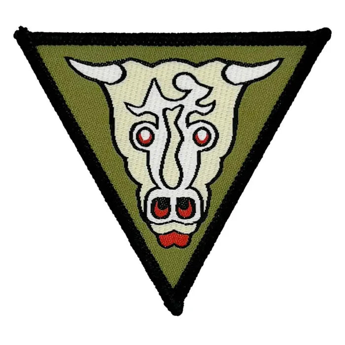 Single 32 Engineer Regiment Iron On TRF Badge Winston Bull patch with a green triangular design, white bull emblem, and black border for military apparel. 1 Flash from  John Bull Clothing
