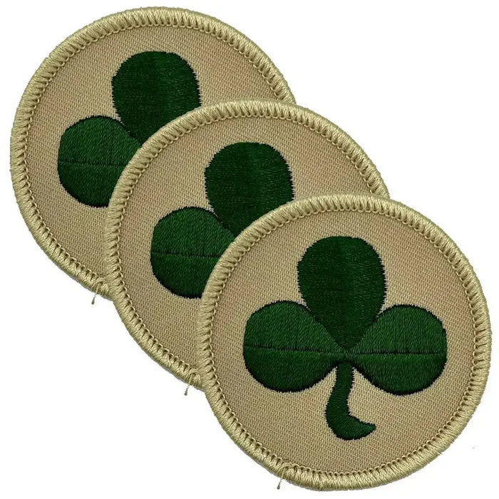Set of three 38th Irish Brigade TRF desert green shamrock patches with overlocked border, ideal for military uniforms or collectors. 3 Pack from  John Bull Clothing