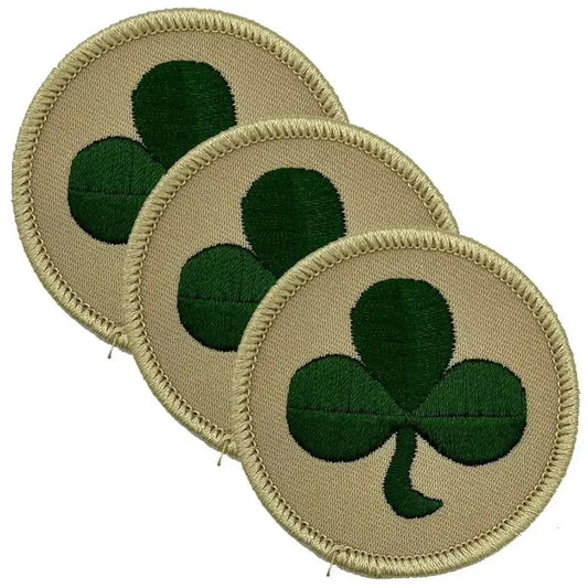 Set of three 38th Irish Brigade TRF desert green shamrock patches with overlocked border, ideal for military uniforms or collectors. 3 Pack from  John Bull Clothing