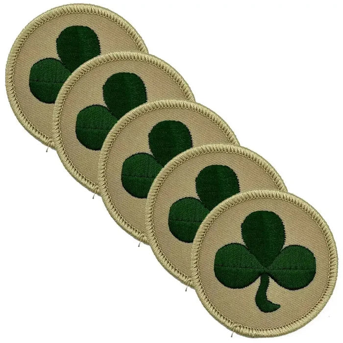 Pack of five 38th Irish Brigade TRF desert green shamrock patches, high-quality woven badges for military apparel or reenactment gear. 5 Pack from  John Bull Clothing