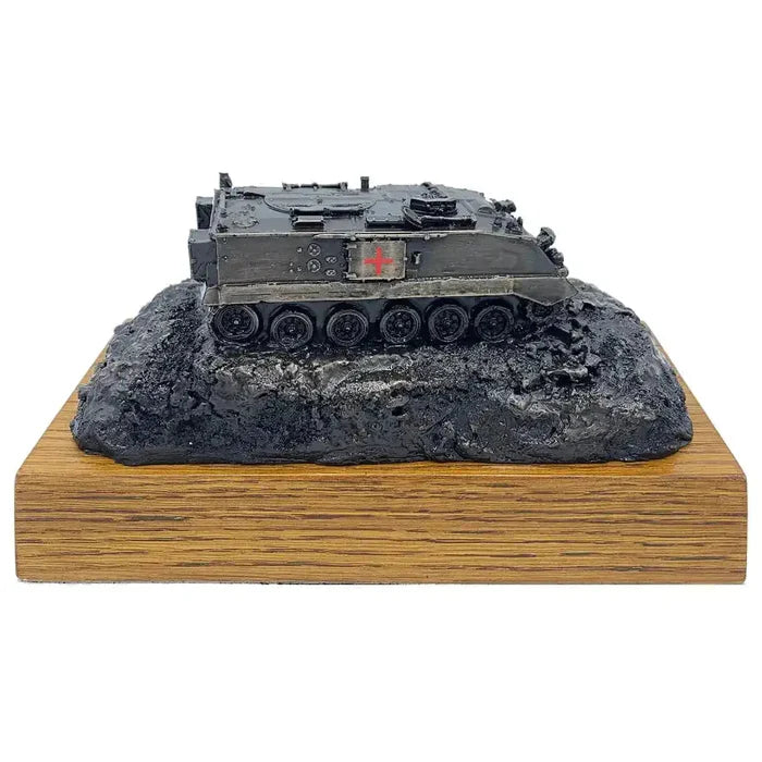 432 Ambulance Personnel Carrier Bronze Statue on wooden base, showcasing detailed military vehicle design in bronze resin finish.  from  John Bull Clothing