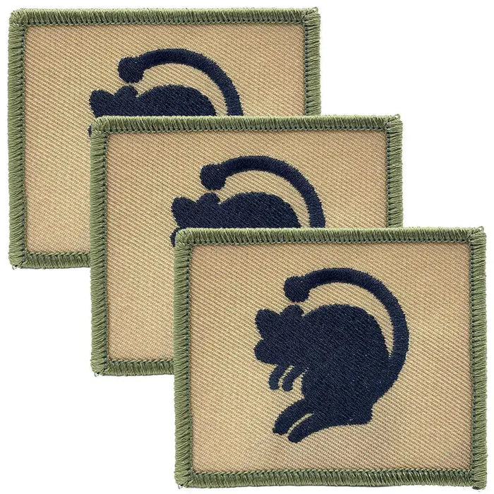 Set of three 4th Armoured Brigade Hook and Loop TRF patches featuring a black rat emblem on a sand-colored background with green edging. 3 Pack from  John Bull Clothing