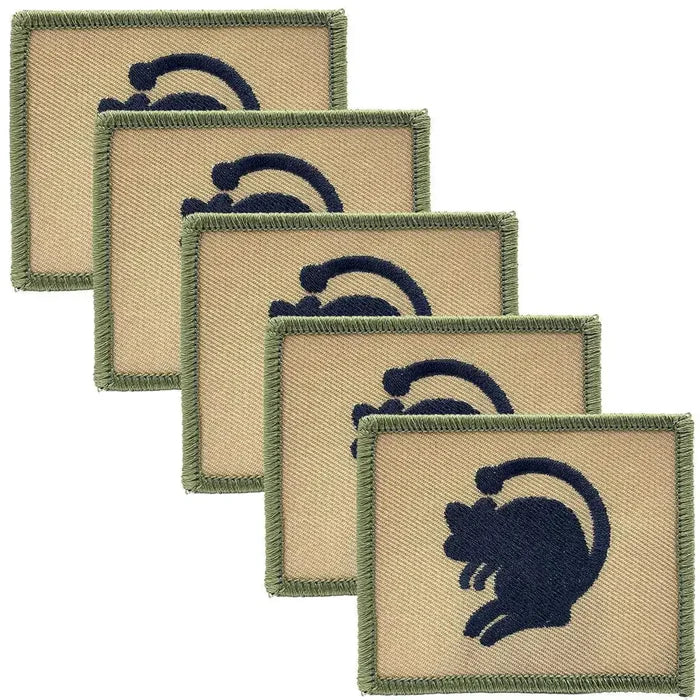 Set of five 4th Armoured Brigade Hook and Loop TRF patches, each displaying a black rat emblem on a sand-colored background with green trim. 5 Pack from  John Bull Clothing