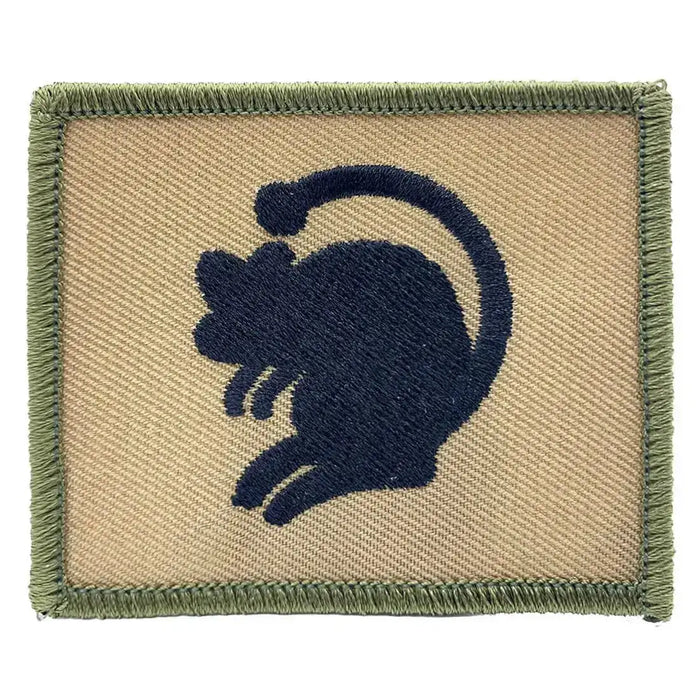 Single 4th Armoured Brigade TRF patch featuring black cat silhouette on sand cotton fabric with green stitched edge, 7x6cm in size. 1 Flash from  John Bull Clothing