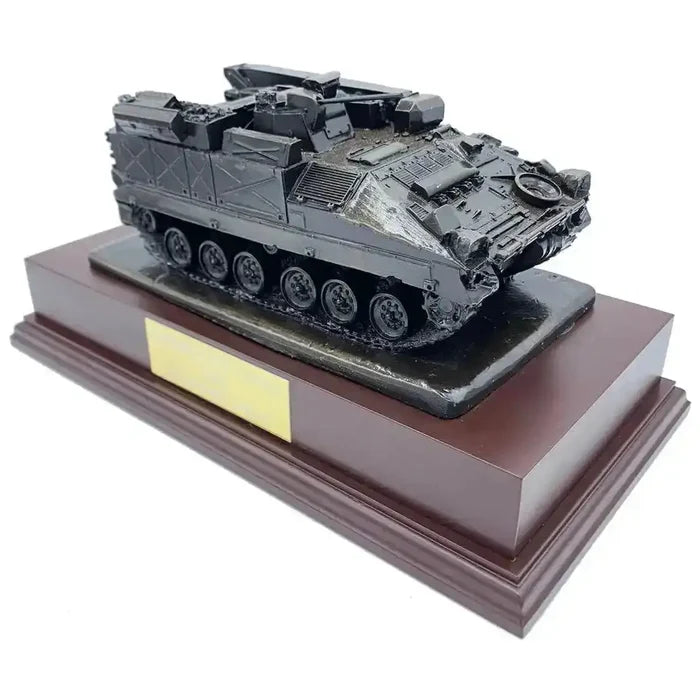 Angled view of 512 Recovery Vehicle Bronze Resin Statue | John Bulls on a polished wooden base with a nameplate, ideal for military decor.  from  John Bull Clothing