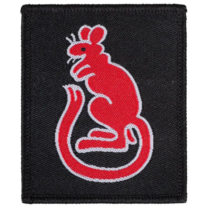 Single 7th Armoured Brigade Desert Rat TRF patch with red rat on black background, regulation Velcro patch for military apparel. Red (Coloured) from  John Bull Clothing