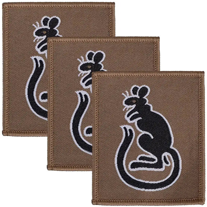 Set of three 7th Infantry Brigade TRF Desert Rats iron or sew-on patches in brown with black rat emblem, ideal for military uniforms. Green/Black from  John Bull Clothing