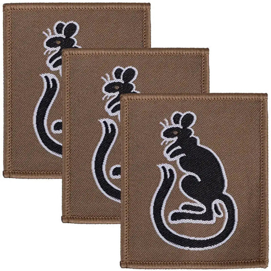 Set of three 7th Infantry Brigade TRF Desert Rats iron or sew-on patches in brown with black rat emblem, ideal for military uniforms. Green/Black from  John Bull Clothing