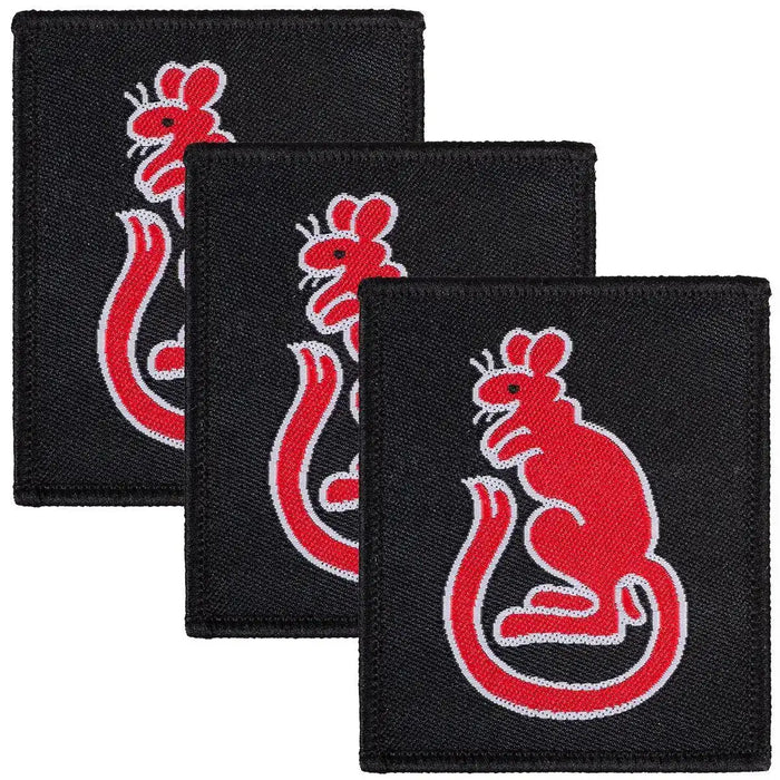 Set of three 7th Infantry Brigade TRF Desert Rats patches in black with red rat emblem, iron or sew-on for tactical military apparel. Red (Coloured) from  John Bull Clothing