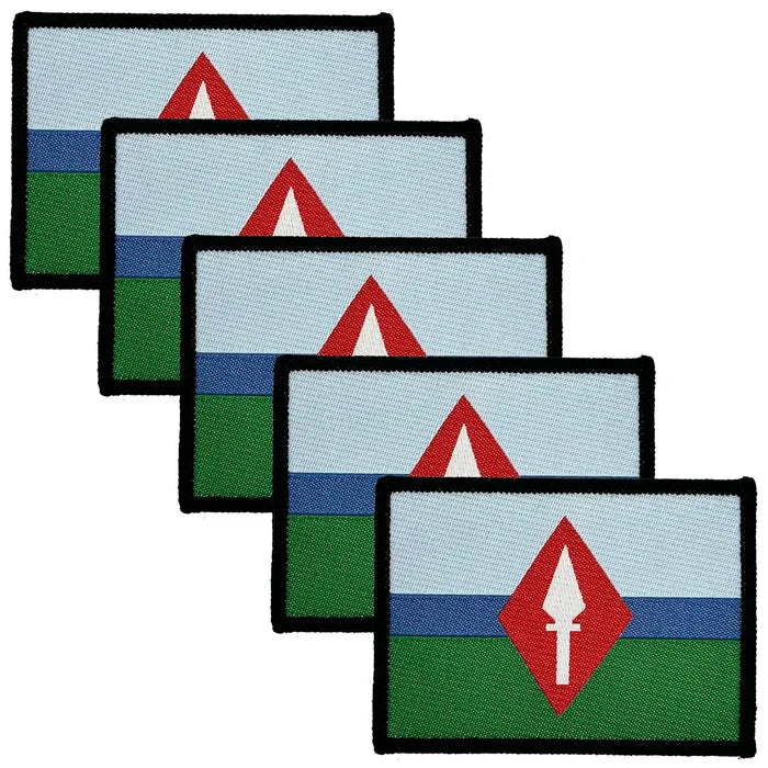 Close-up of 7th Signal Group TRF embroidered patch with red arrow emblem, colorful stripes, black border, military badge 5 Pack from  John Bull Clothing