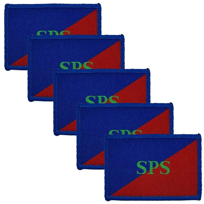 Pack of five Adjutant Generals Corps SPS TRF hook & loop patches, ideal for military uniforms, featuring red-blue design and SPS text. 5 Pack from  John Bull Clothing