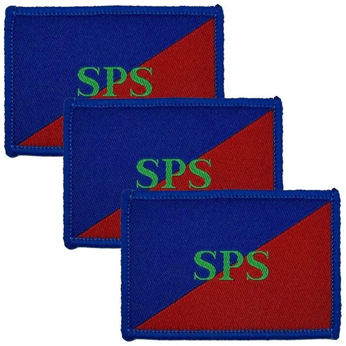Set of three Adjutant Generals Corps SPS TRF iron or sew on badges in blue and red with green SPS text, ideal for military uniforms. 3 Pack from  John Bull Clothing