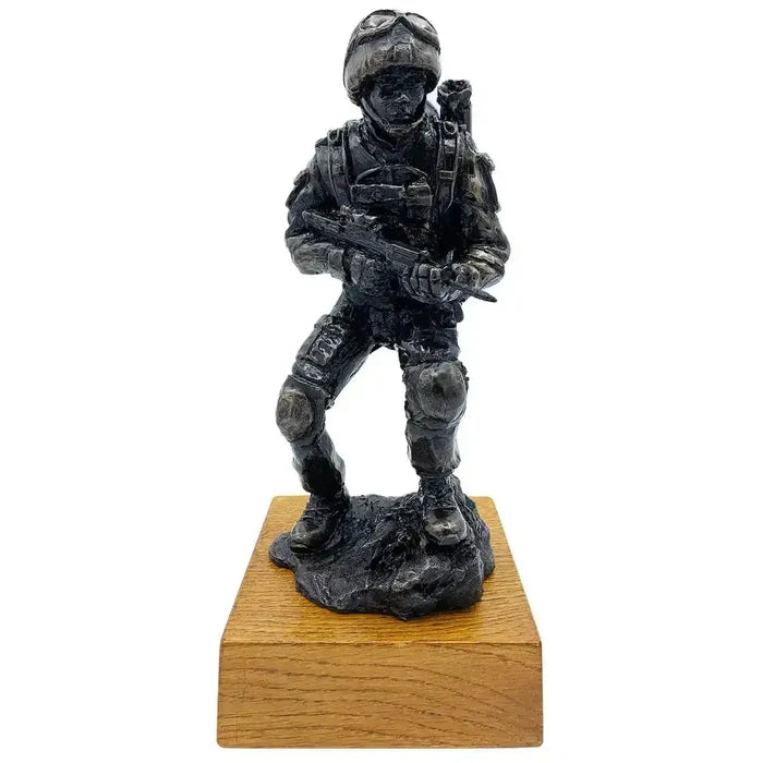 Afghan Medic Bronze Resin Statue | John Bull Clothing featuring a crouching army medic with SA80 rifle on oak base, ideal for military decor.  from  John Bull Clothing