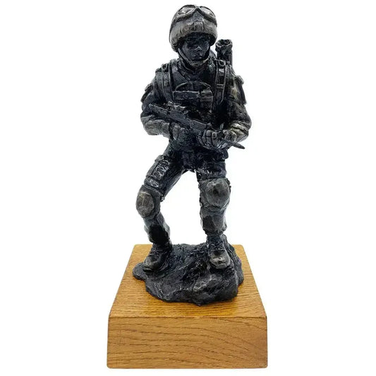 Afghan Medic Bronze Resin Statue | John Bull Clothing featuring a crouching army medic with SA80 rifle on oak base, ideal for military decor.  from  John Bull Clothing