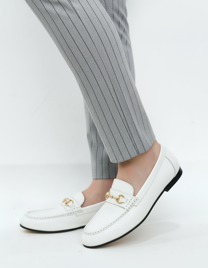 ALBA horsebit loafer mujer blanco vista lateral piel premium alto brillo