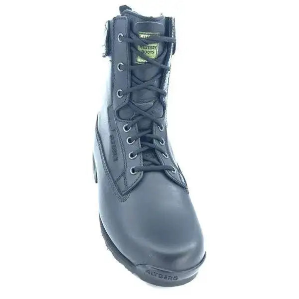 Front view of the Altberg Falcon Pilot Black Boot MK3, showcasing its reinforced toe cap, secure lace system, and high-quality black leather construction.  from  John Bull Clothing