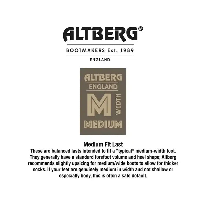 Altberg bootfitters fit guide card for a medium fit last, detailing sizing information and fit recommendations for a standard forefoot and heel shape.  from  John Bull Clothing