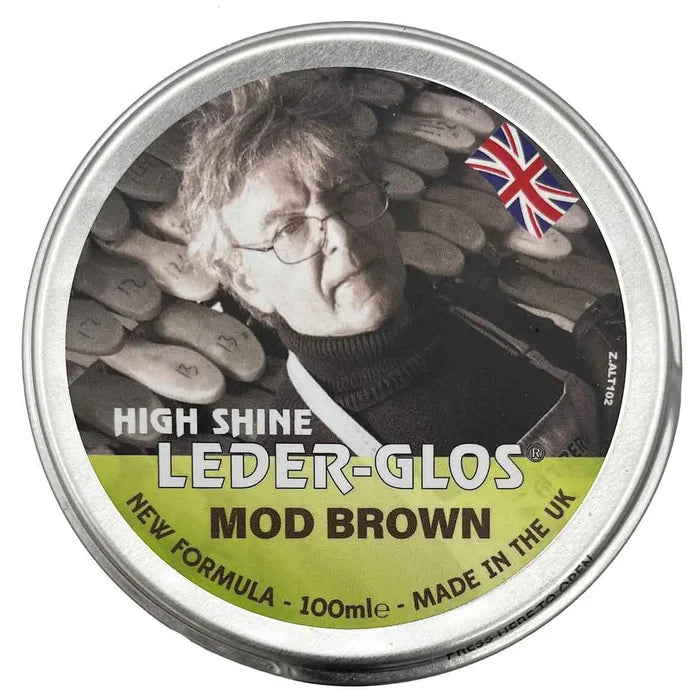 Altberg Leder-Glos Mod Brown 100ml high gloss shoe polish tin with UK flag, ideal for water repellent leather boots and parade footwear. MoD Brown (1 Tin) from  John Bull Clothing