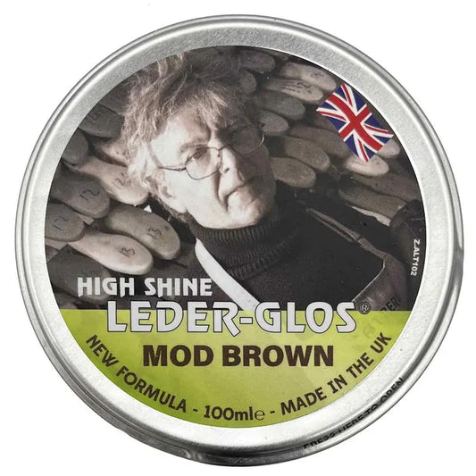 Altberg Leder-Glos Mod Brown 100ml high gloss shoe polish tin with UK flag, ideal for water repellent leather boots and parade footwear. MoD Brown (1 Tin) from  John Bull Clothing