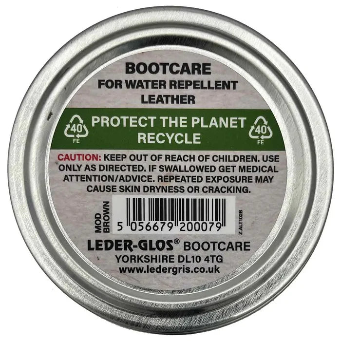Back label of Altberg Leder-Glos Mod Brown shoe polish tin showing usage instructions, recycling info, and caution for leather boot care.  from  John Bull Clothing
