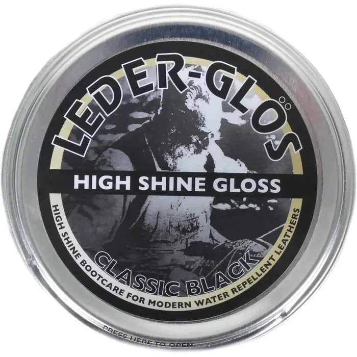 Altberg Leder-Glos Classic Black 100ml tin featuring high shine gloss polish for modern water repellent leather footwear and boot care. Black (1 Tin) from  John Bull Clothing