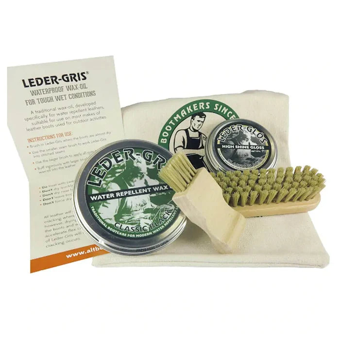 Altberg Military Boot Care Kit from John Bull Clothing includes brushes, cloth, and Leder-Gris wax for high-shine and waterproof boot maintenance.  from  John Bull Clothing